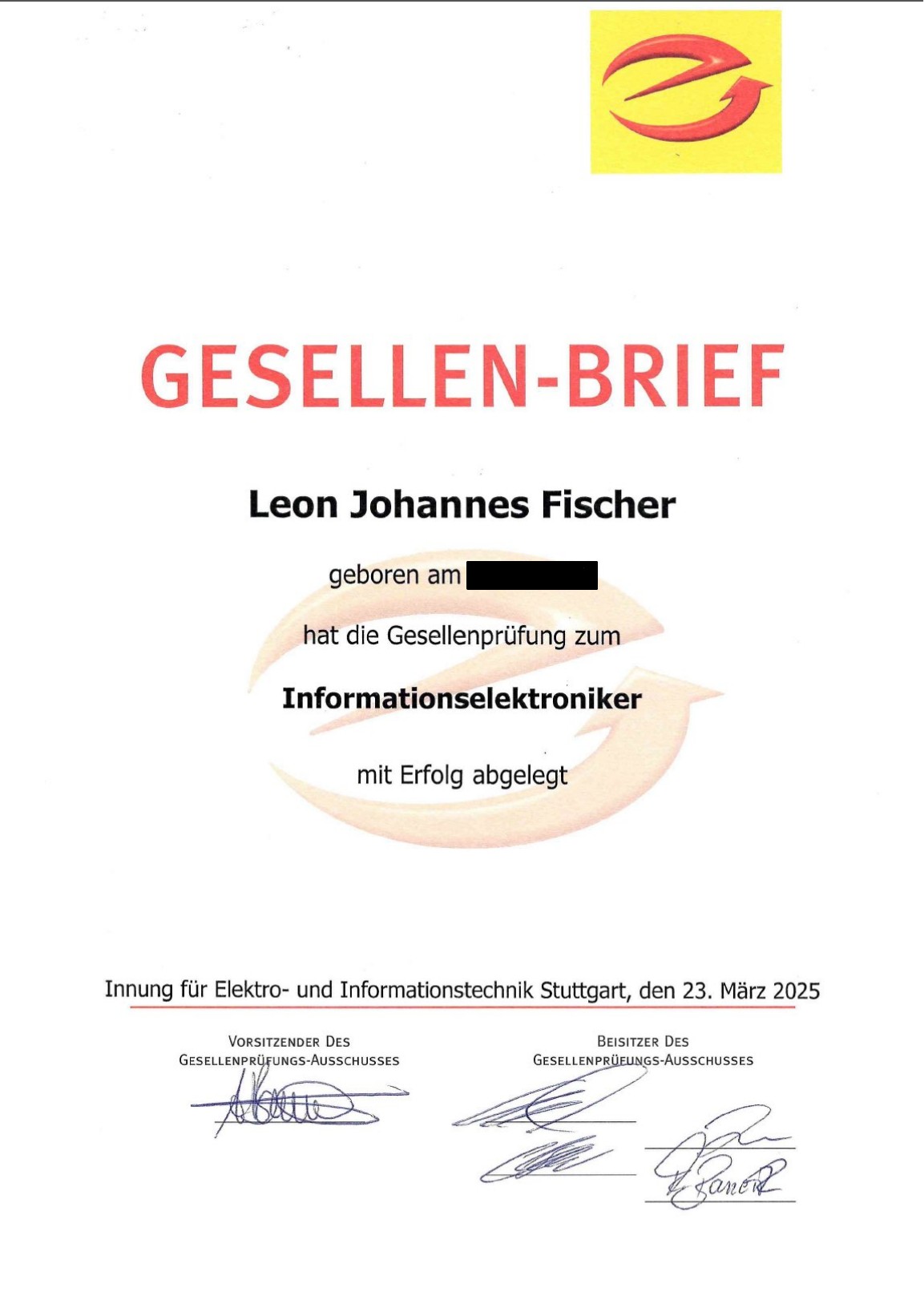 Gesellenbrief von Leon Fischer