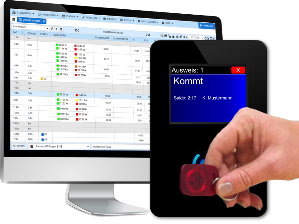 Timas Auswertungssoftware am Monitor und Zeiterfassungsterminal mit RFID-Chip